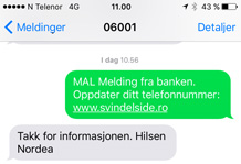 Eksempel på hvordan man vidersender en svindel-sms til Nordea.